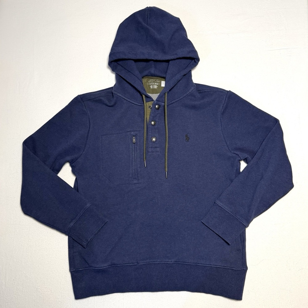 Polo Ralph Lauren‎ Men's Terry Hoodie 3 Snap Placket Sz Small Spring Navy